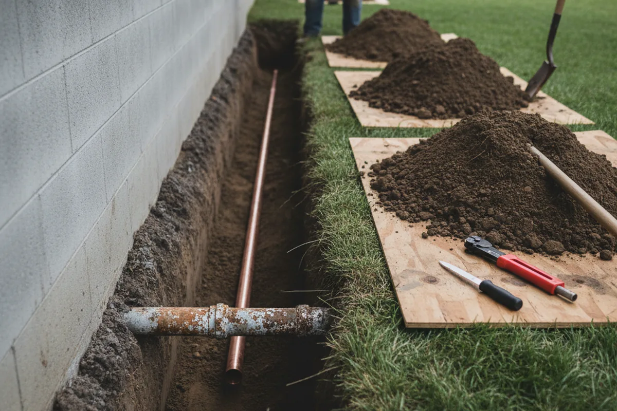 Excavated water line trench during Sewer Line Repair in Gainesville